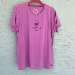 Life Is Good Women's T-Shirt L Red "Half Full" Wine Glass Design Casual